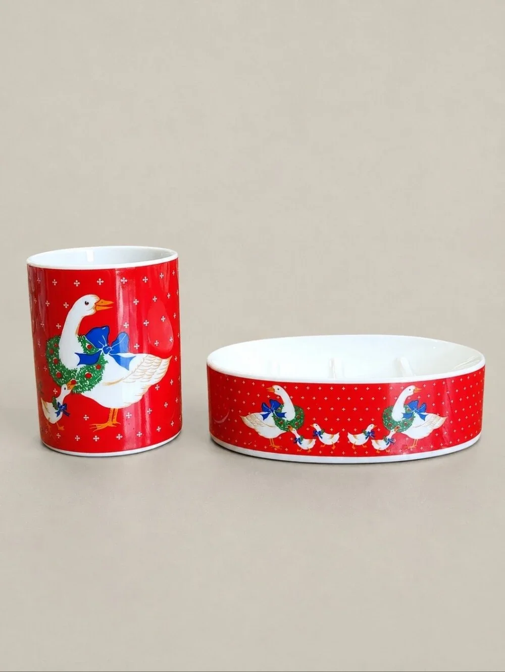 Vintage Andre Richard Christmas Geese Soap Dish Tumbler Set Japan Box